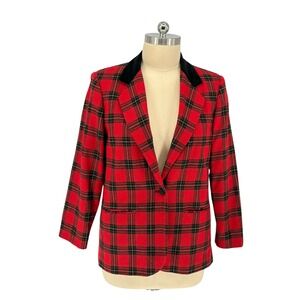 Vintage Sag Harbor Blazer Red Black Plaid Velvet Collar Wool Blend 16